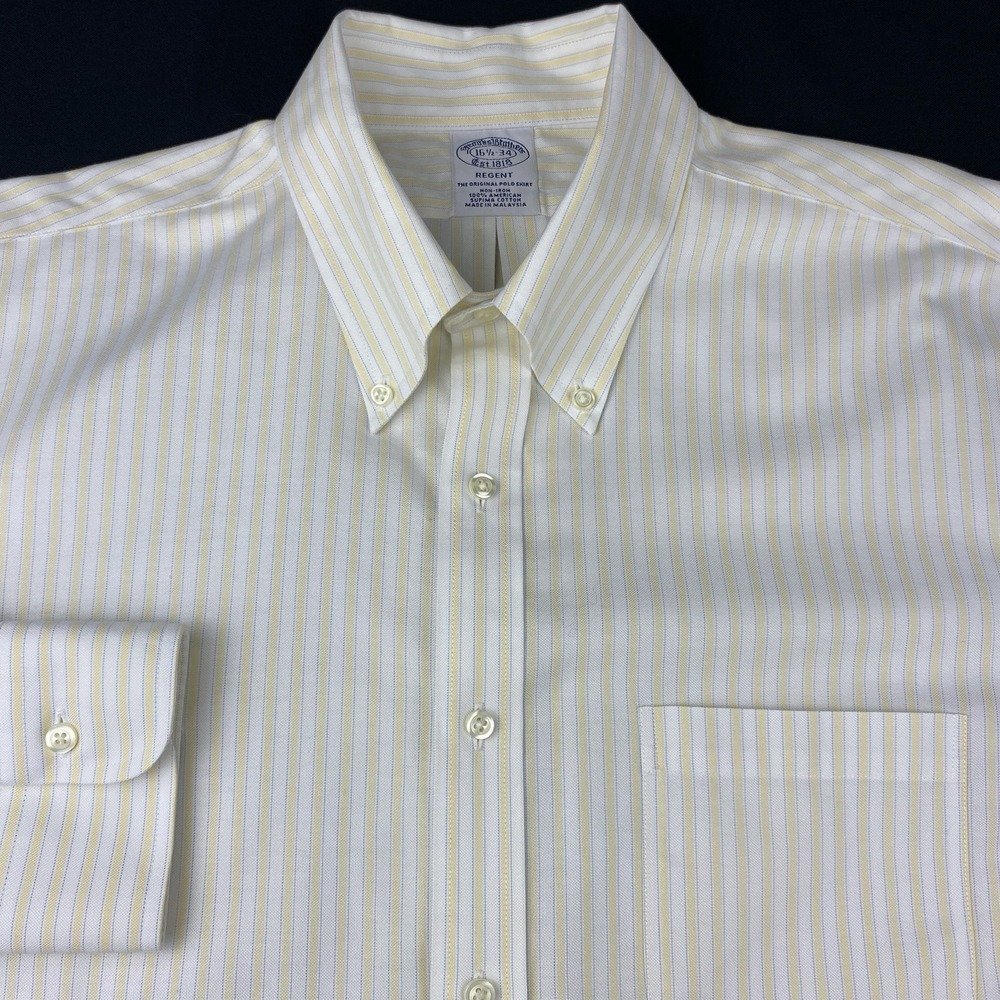 Brooks Brothers Shirt Mens 16.5-34 Yellow Stripes Regent Fit No Iron